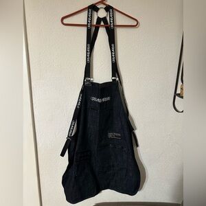 Urban Barber Apron Unisex Black Denim Bib With Straps 3 pockets withFaux Leather